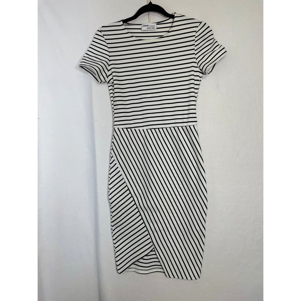 ZARA Trafaluc Bodycon Striped Midi Dress Women S Black White Short Sleeve Sheath - Picture 9 of 10